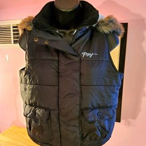Roxy Black Puffer Vest with Faux Fur Trim